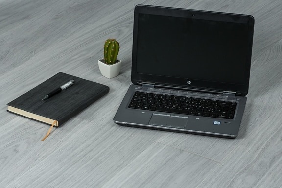 návrh, minimalismus, přenosný počítač, kancelář, Květináč, tužka, zápisník, kaktus, počítač, přenosný počítač