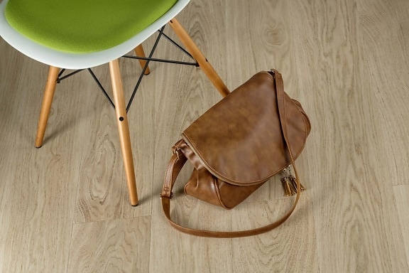 handbag, baggage, leather, brown, light brown, seat, wood, chair, retro, wooden