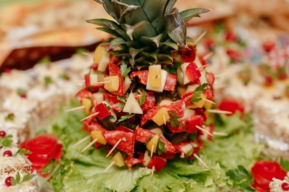 pineapple, fruit, sausage, buffet, salad bar, cheese, decoration, produce, food, delicious