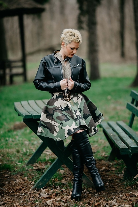 young woman, fancy, military, outfit, fashion, skirt, jacket, black, pretty girl, belt