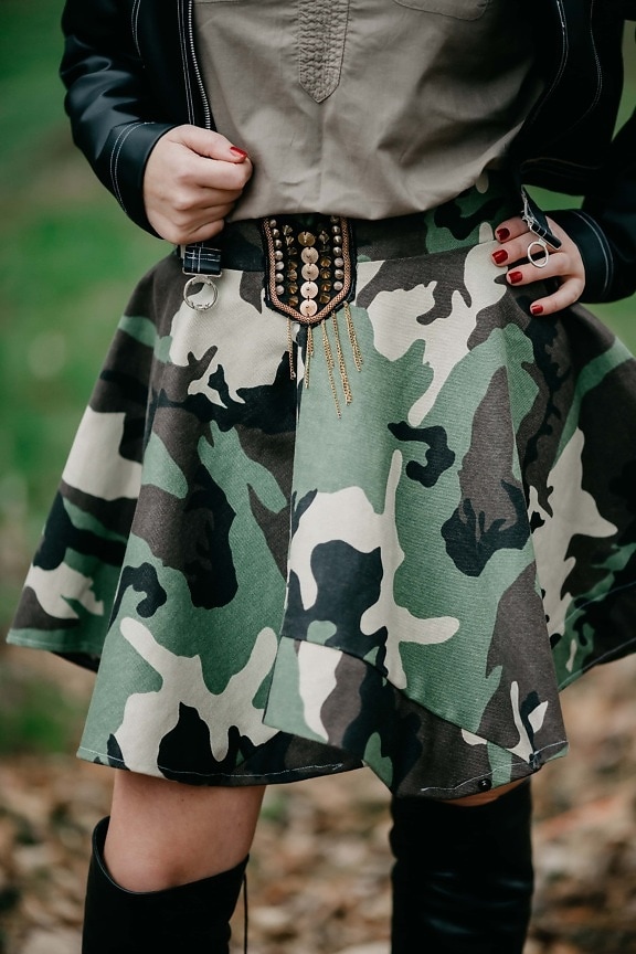 army, design, skirt, outfit, fashion, camouflage, young woman, jacket, leather, uniform