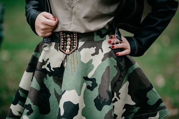 camouflage, military, fashion, uniform, skirt, woman, design, jacket, leather, hand