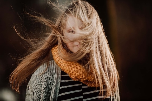 cold, teenager, hair, wind, weather, sweater, portrait, blonde hair, blonde, scarf