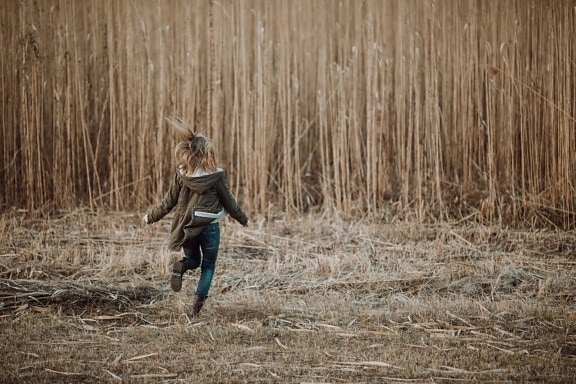 girl, running, field, light brown, autumn season, jacket, person, wood, nature, people