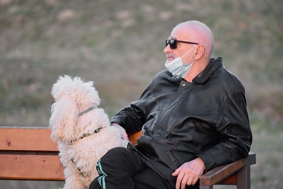 self isolation, social distance, pet, relaxing, elderly, man, dog, bench, face mask, outdoors