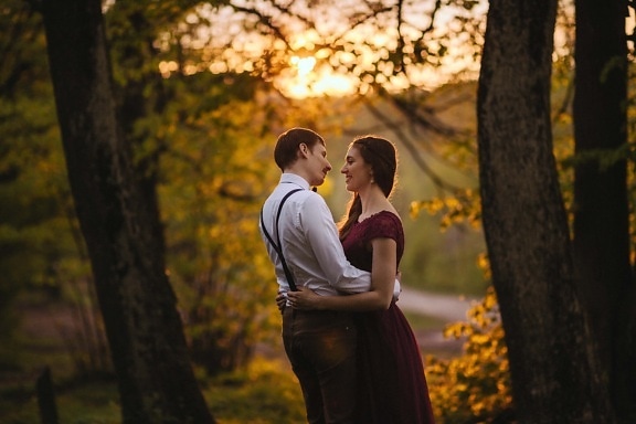 romantische date, wijnoogst, kus, omhelzing, knuffelen, liefde, zonsopgang, herfst, backlit, bos