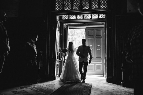 father, bride, wedding, walkway, church, ceremony, people, groom, monochrome, doorway