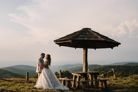wife, husband, panorama, just married, mountain peak, hills, countryside, dress, bride, wedding