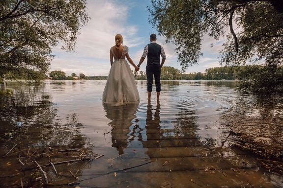 man, together, lakeside, young woman, tuxedo suit, water, barefoot, wet, dress, relaxation