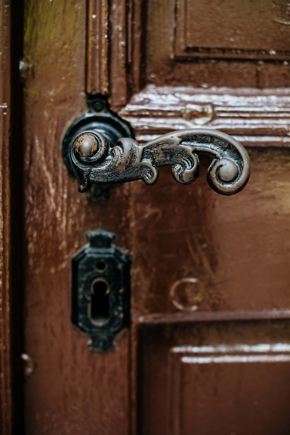 Antik, Schlüsselloch, handgefertigte, aus Gusseisen, vor der Tür, Ornamental, hellbraun, Details, Tischlerei, Tür