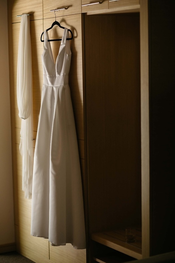 wedding dress, wardrobe, hanging, hanger, fashion, dress, indoors, wood, wedding, room