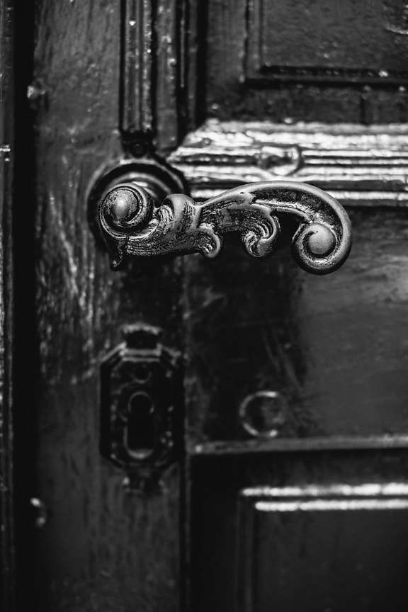 close-up, cast iron, black and white, front door, metal, lock, device, old, door, latch