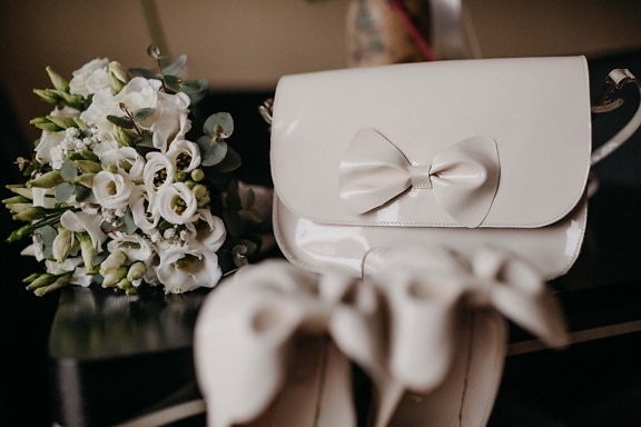 blanc, en cuir, brillante, sac à main, charme, mode, fleur, arrangement, décoration, bouquet