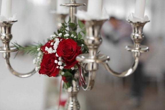 candlestick, silver, decorative, red, elegant, white, candles, bouquet, decoration, candle