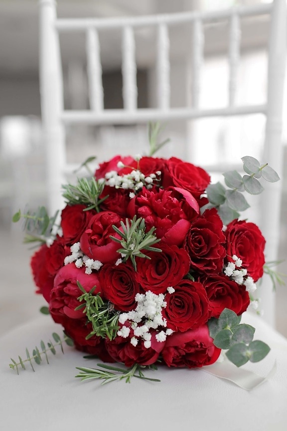 bouquet, elegant, red, rose, white, chair, roses, decoration, arrangement, flower