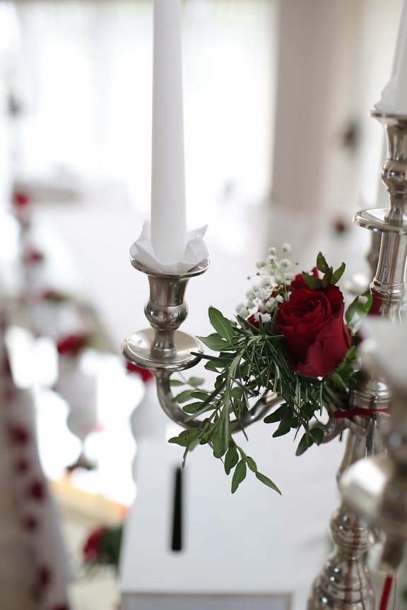 candlestick, candle, romantic, silver, metal, interior design, decoration, bouquet, glass, indoors