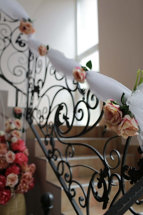 gjutjärn, trappa, rosor, dekoration, staket, heminredning, trappor, blomma, eleganta, romantik