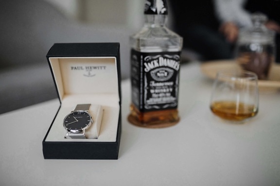 analog clock, gifts, luxury, bottle, alcohol, silver, drink, expensive, indoors, still life