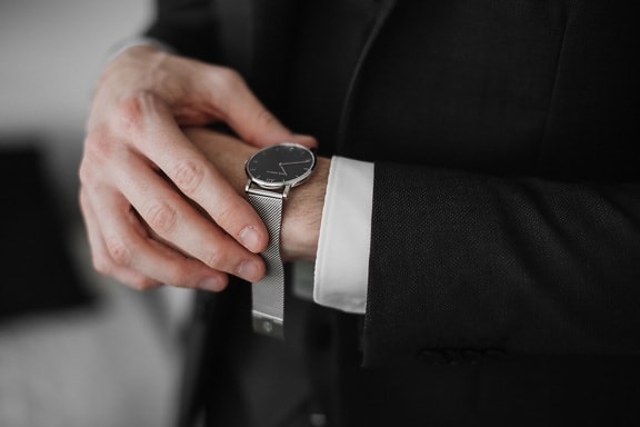 analog clock, wristwatch, buckle, silver, manager, businessman, tuxedo suit, hand, man, indoors