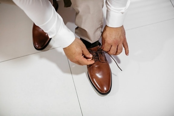 shoes, classic, leather, light brown, shoelace, style, hands, man, legs, floor