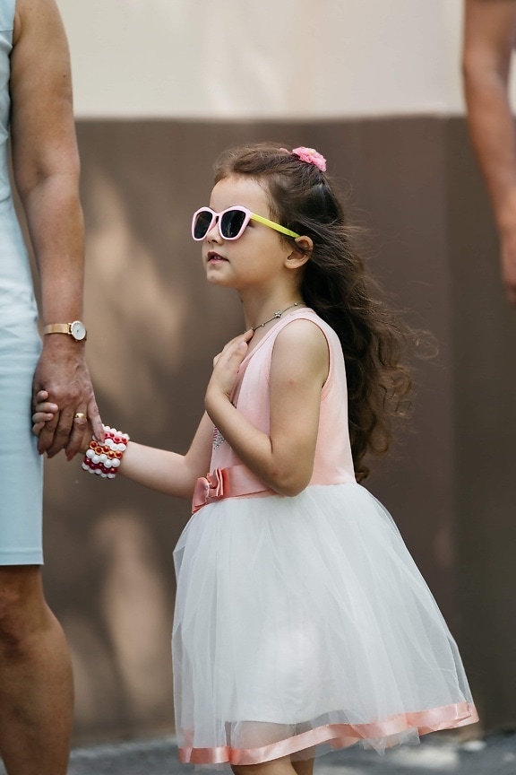 mother, daughter, young, lady, holding hands, dress, sunglasses, pink, fashion, child