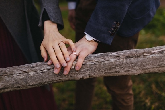gold, touch, rings, holding hands, lover, wood, fence, hands, vintage, love