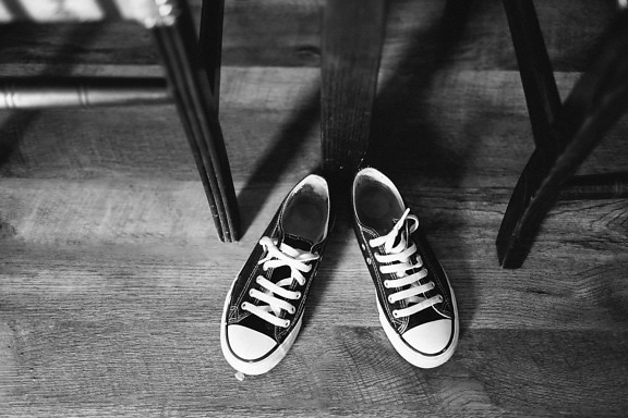 classic, old style, vintage, old fashioned, sneakers, rubber, black and white, floor, parquet, monochrome