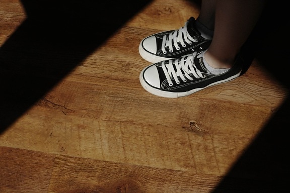 comfortable, running, shoes, sneakers, classic, black and white, parquet, shadow, legs, outfit
