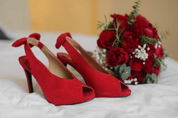 red, heels, shoes, sandal, wedding, wedding bouquet, flower, arrangement, bouquet, decoration