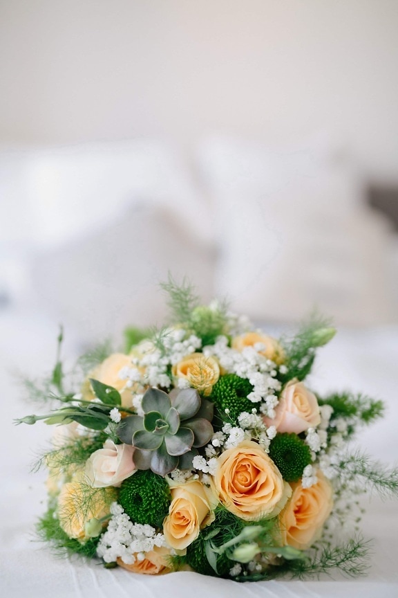 svatební kytice, postel, ložnice, dekorace, kytice, svatba, uspořádání, láska, květ, zátiší
