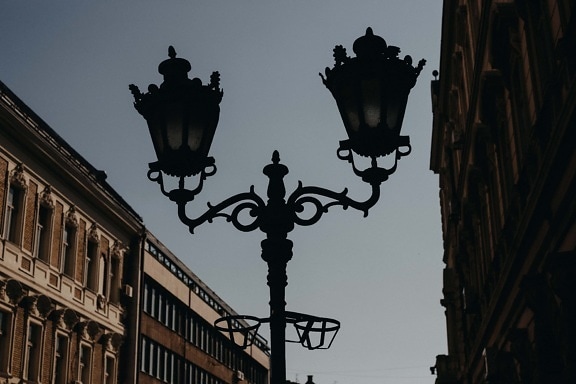 street, baroque, cast iron, vintage, lamp, shadow, darkness, silhouette, architecture, city