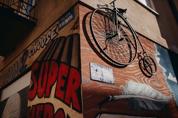 sykkel, antikken, hengende, vegg, gammeldags, gamle, årgang, Graffiti, dekorasjon, retro