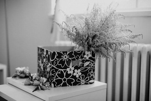 krabice, květiny, kytice, černá a bílá, dary, výzdoba interiéru, květ, černobílý tisk, design interiéru, umění