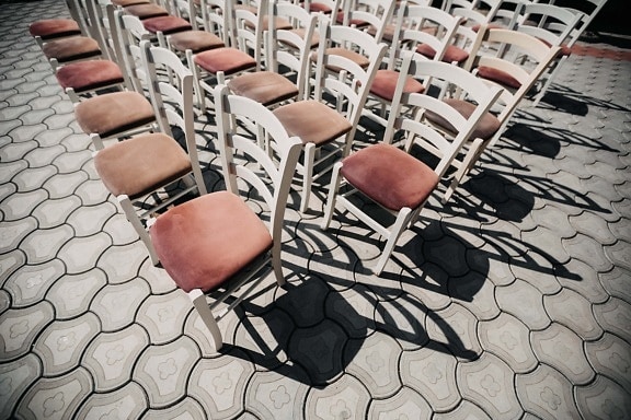 white, vintage, chairs, wooden, furniture, pavement, concrete, shadow, seat, chair
