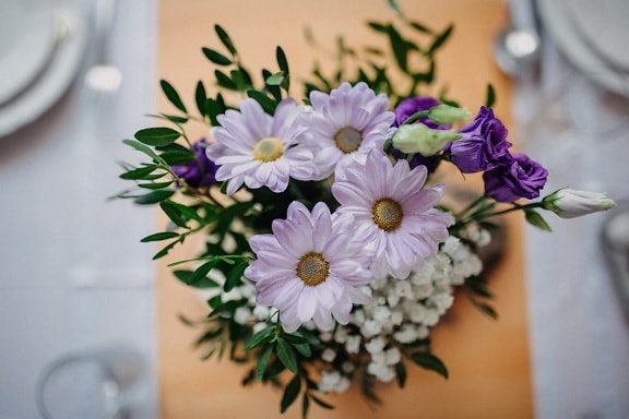 fioletowy, róże, kwiaty, bukiet, Stołówka, Układ, stół, elegancja, zabytkowe, zbliżenie
