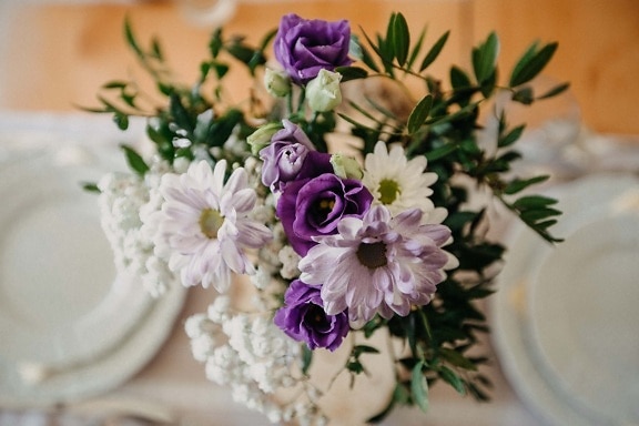 purplish, white, flowers, bouquet, roses, dining area, close-up, flower, decoration, leaf