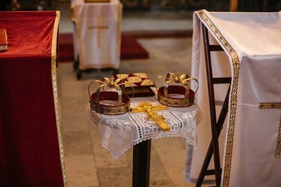 baptism, coronation, church, gold, cross, crown, table, wedding, tableware, furniture