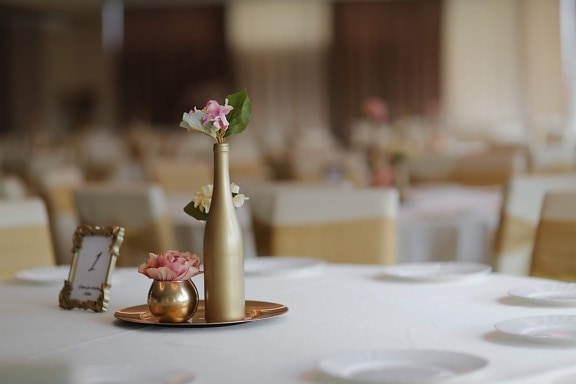 decorative, vase, flowers, wedding venue, bottle, golden shine, hotel, indoors, dining, table