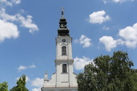 Bačka Palanka, pravoslavna crkva, crkveni toranj, crkva, toranj, bijeli, plavo nebo, zgrada, religija, arhitektura