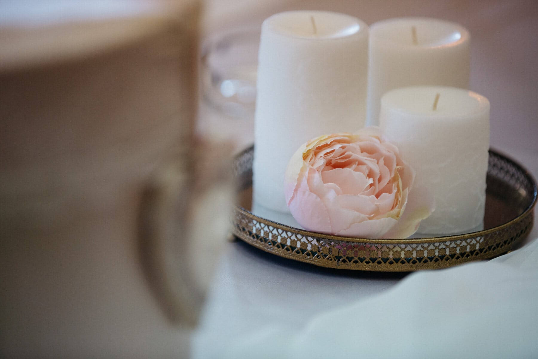 rose, pinkish, pastel, candles, white, tableware, still life, candle, flower, indoors