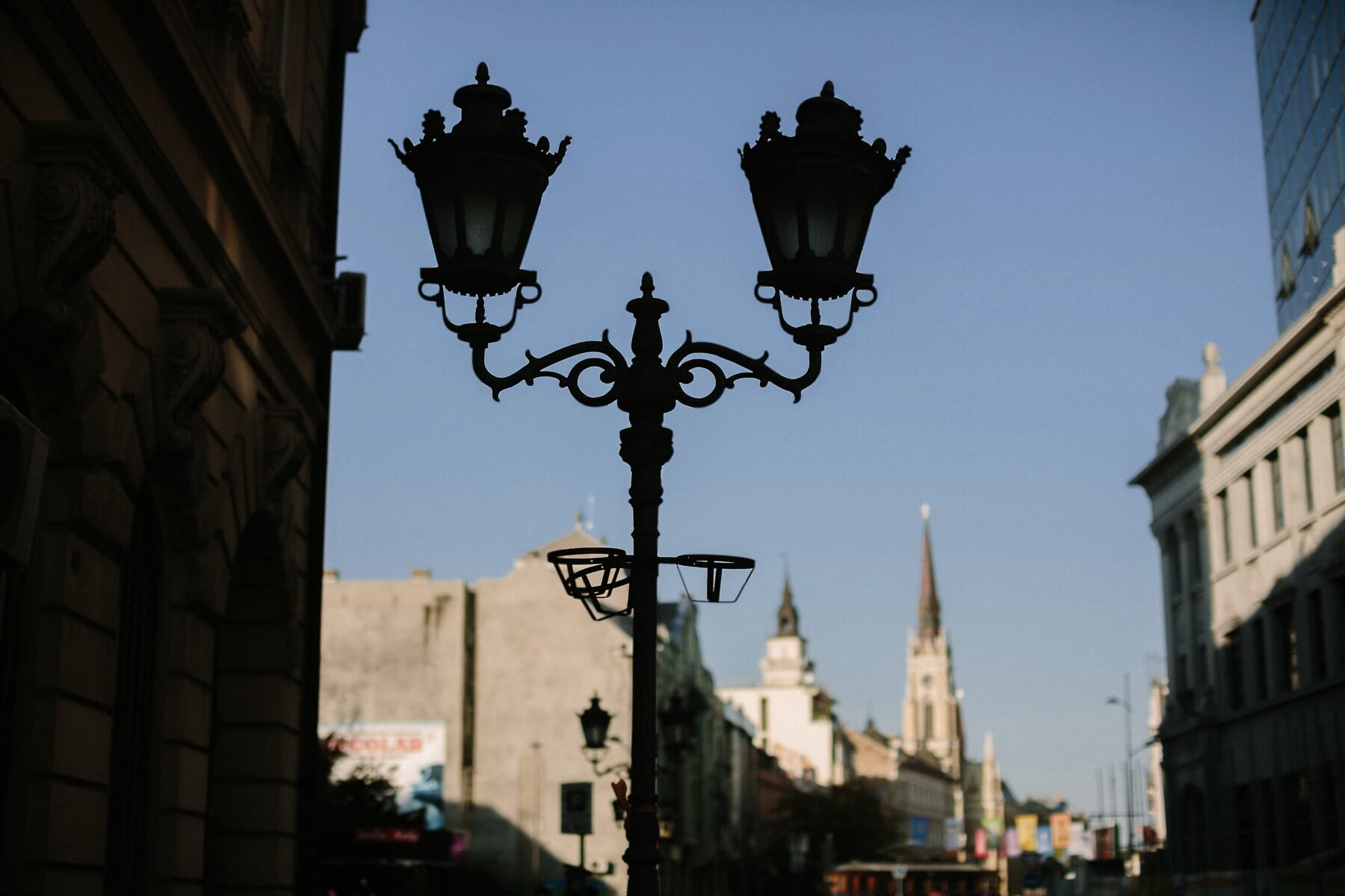 lamp, Straat, lantaarn, schaduw, silhouet, gietijzer, duisternis, gebouw, het platform, stad