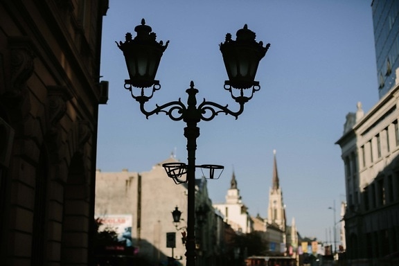 lampe, rue, lanterne, ombre, silhouette, fer de fonte, ténèbres, bâtiment, architecture, Ville