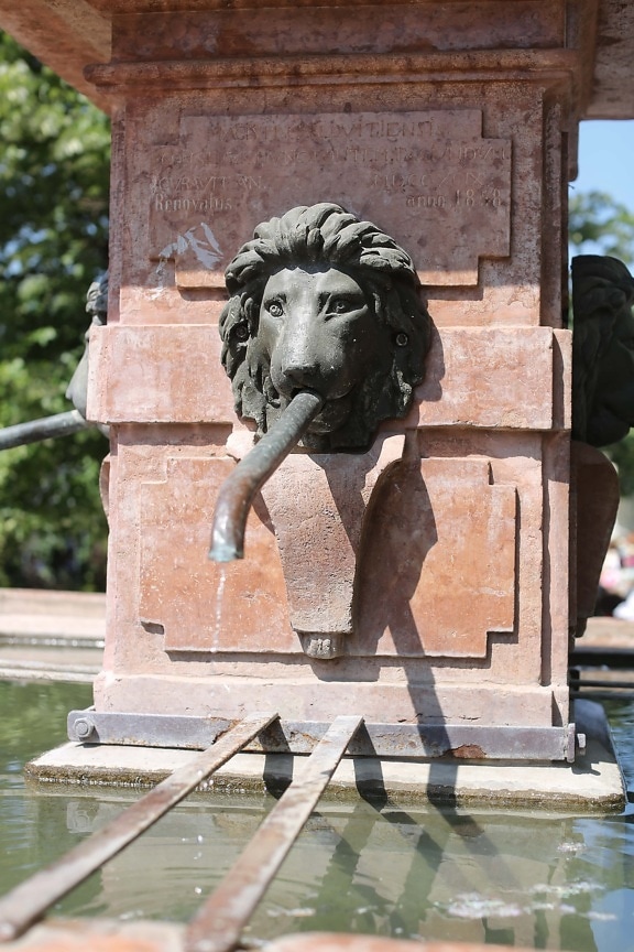 løve, springvand, skulptur, pronssi, hoved, rør, sten, marmor, piedestal, statue