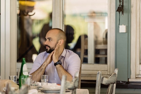 mustache, young, beard, man, businessman, relaxation, restaurant, sitting, cafeteria, casual