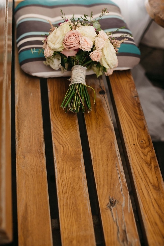 bench, wooden, pillow, bouquet, vintage, roses, romantic, wood, interior design, nature