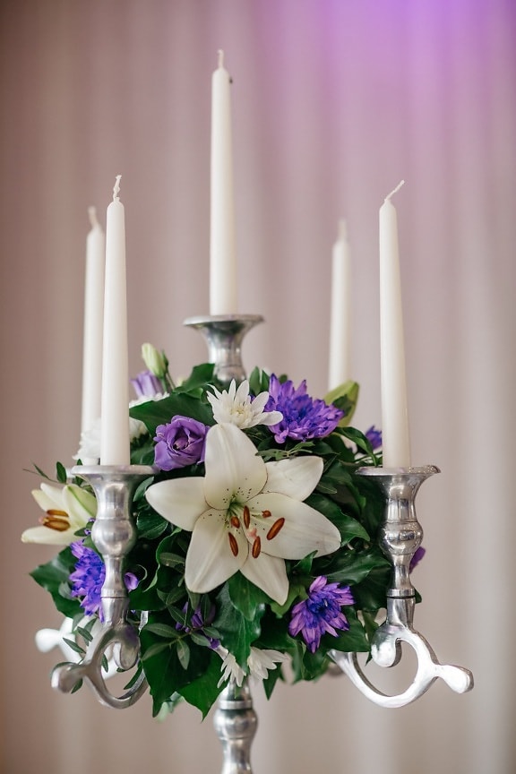 свещник, романтичен, сребро, бяло, свещи, едър план, цветя, букет, елегантна, свещ