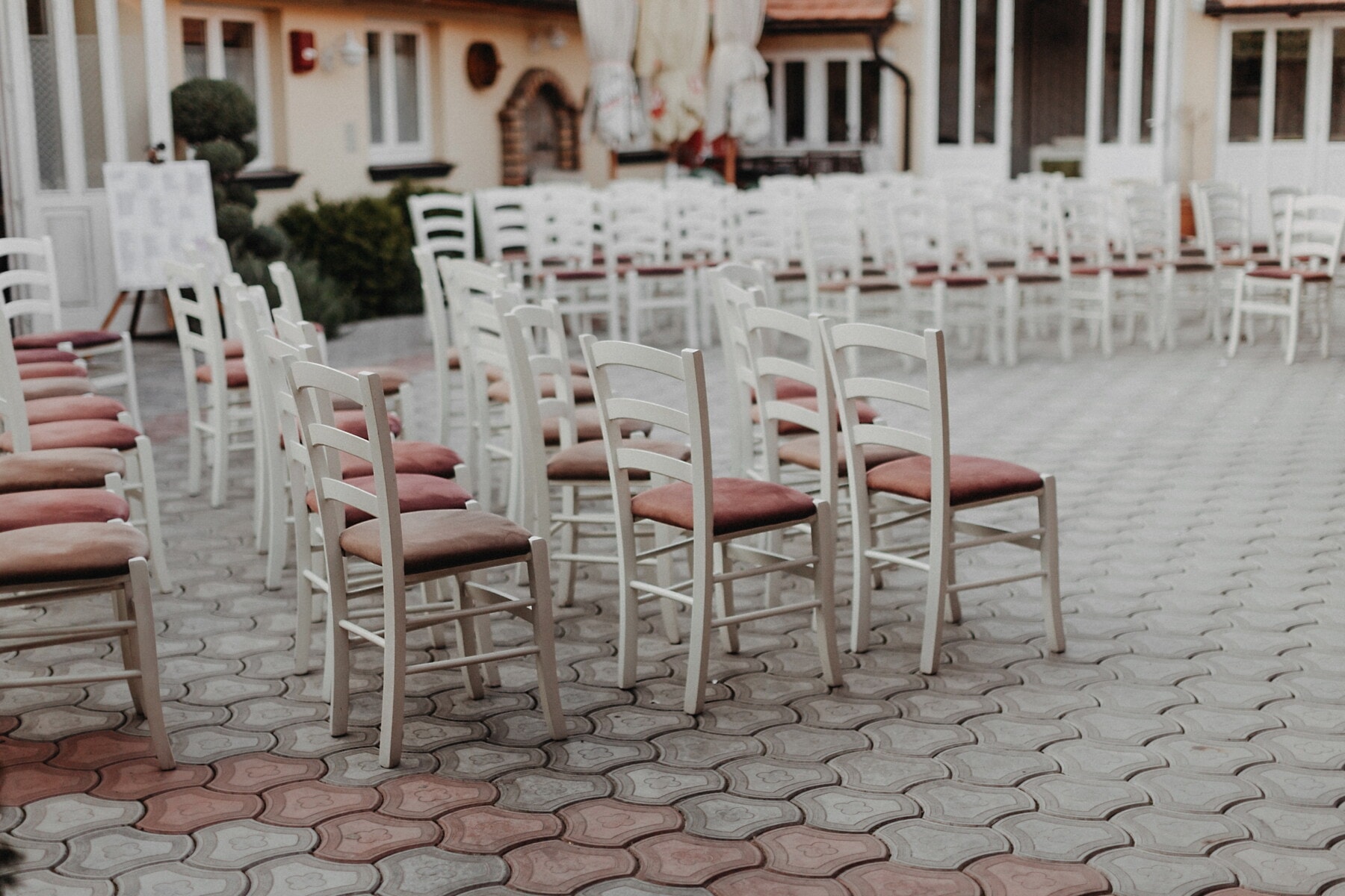 vintage, white, chairs, reception, backyard, chair, patio, furniture, seat, table