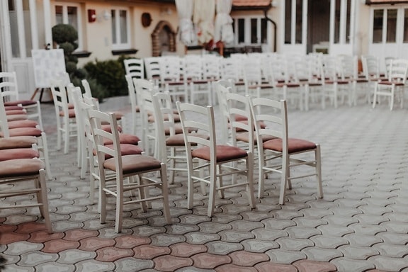 starinsko, bijeli, stolice, prijem, dvorište, stolica, vrt, namještaj, sjedište, stol