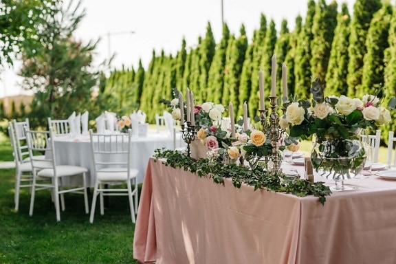 garden, wedding venue, tables, candles, candlelight, reception, flower, outdoors, wedding, dining