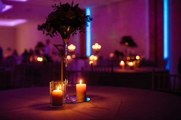 романтичен, свещи, атмосфера, стъкло, кристал, свещник, вечерта, маса, светлина, структура